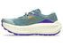 asics trabuco max 5, trail running shoe for women with advanced grip and comfort, teal colour with purple and orange details, side profile of shoe on a white background