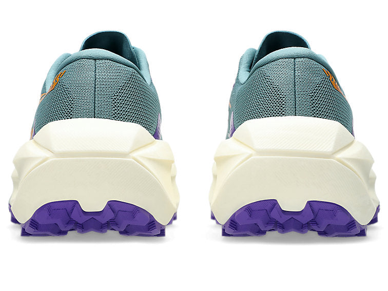 asics trabuco max 5, trail running shoe for women with advanced grip and comfort, teal colour with purple and orange details, heel profile of both shoes on a white background