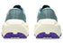 asics trabuco max 5, trail running shoe for women with advanced grip and comfort, teal colour with purple and orange details, heel profile of both shoes on a white background