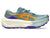 asics trabuco max 5, trail running shoe for women with advanced grip and comfort, teal colour with purple and orange details, side profile of shoe on a white background