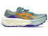 asics trabuco max 5, trail running shoe for women with advanced grip and comfort, teal colour with purple and orange details, side profile of shoe on a white background