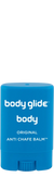 Blue stick of body glide anti-chafe balm on a white background