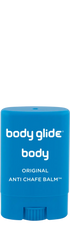 Blue stick of body glide anti-chafe balm on a white background