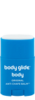 Blue stick of body glide anti-chafe balm on a white background