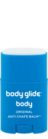 Blue stick of body glide anti-chafe balm on a white background