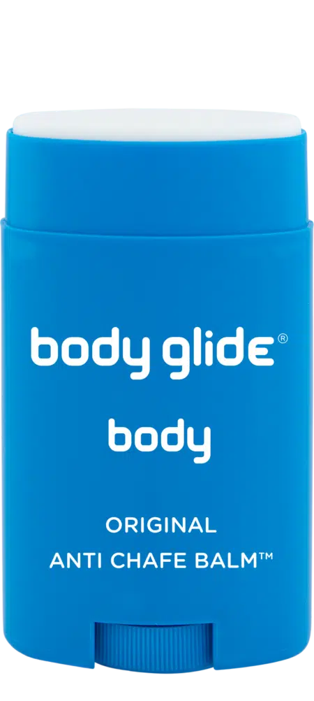 Blue stick of body glide anti chafe balm on a white background