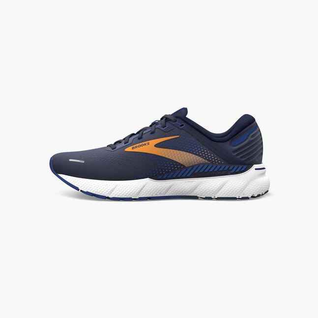 Navy brooks adrenaline gts 22 running shoe with orange accents on a white background