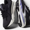brooks adrenaline gts 24 womens, supportive running shoe, black with purple  details on white sole, pair of shoes side profiles with close up of sole and inside support