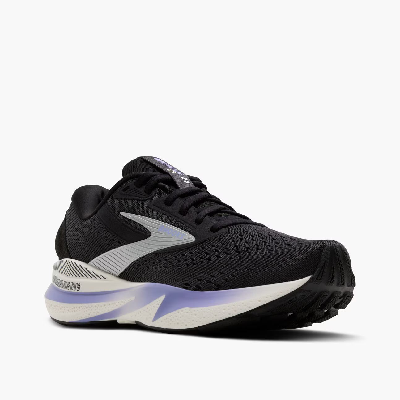 brooks adrenaline gts 24 womens, supportive running shoe, black with purple  details on white sole, outside profile angle