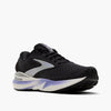 brooks adrenaline gts 24 womens, supportive running shoe, black with purple  details on white sole, outside profile angle
