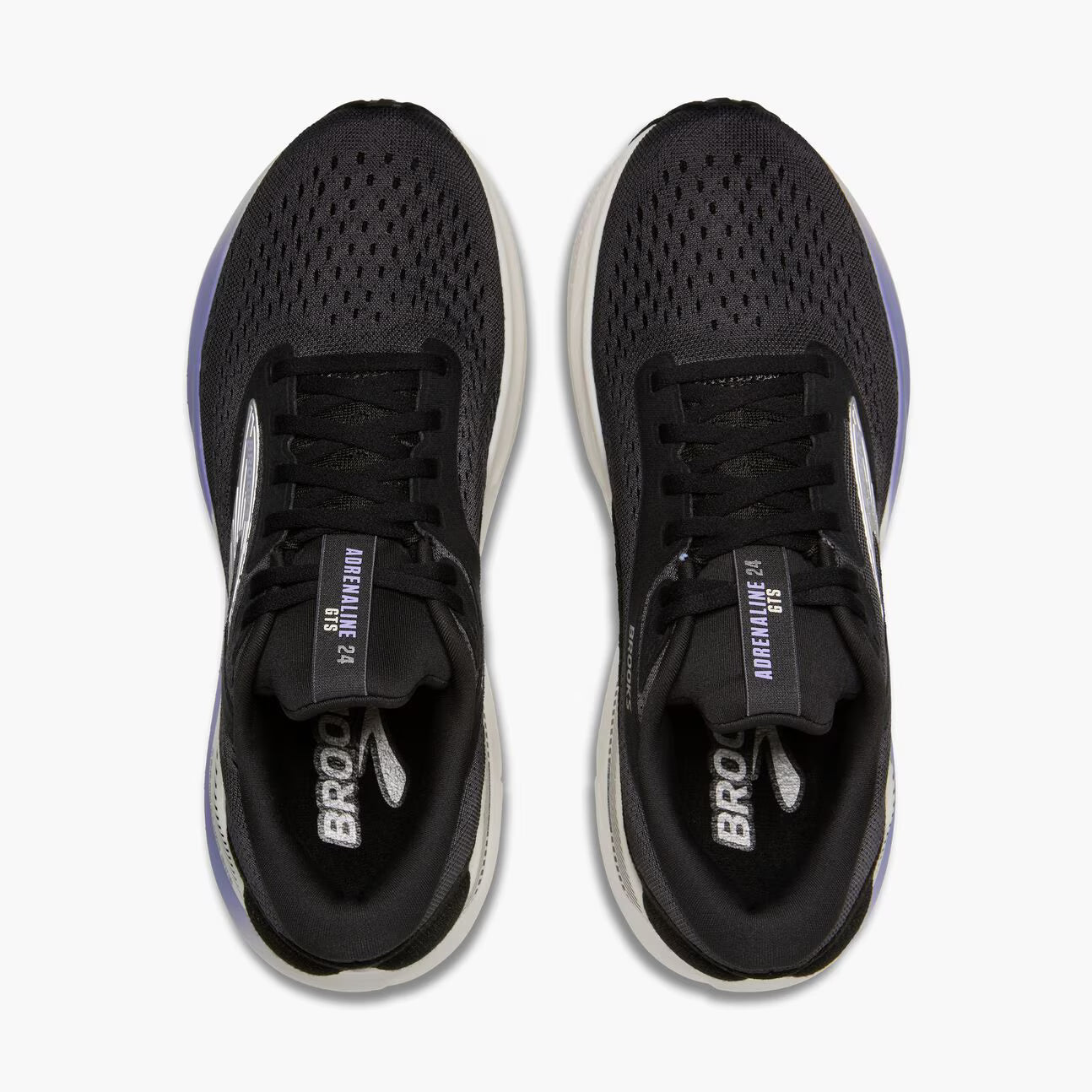 brooks adrenaline gts 24 womens, supportive running shoe, black with purple  details on white sole, top view