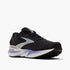 brooks adrenaline gts 24 for women, cushioned supportive running and walking shoe, black colour with silver logo white sole and purple details, side profile of shoe angled with toe closer