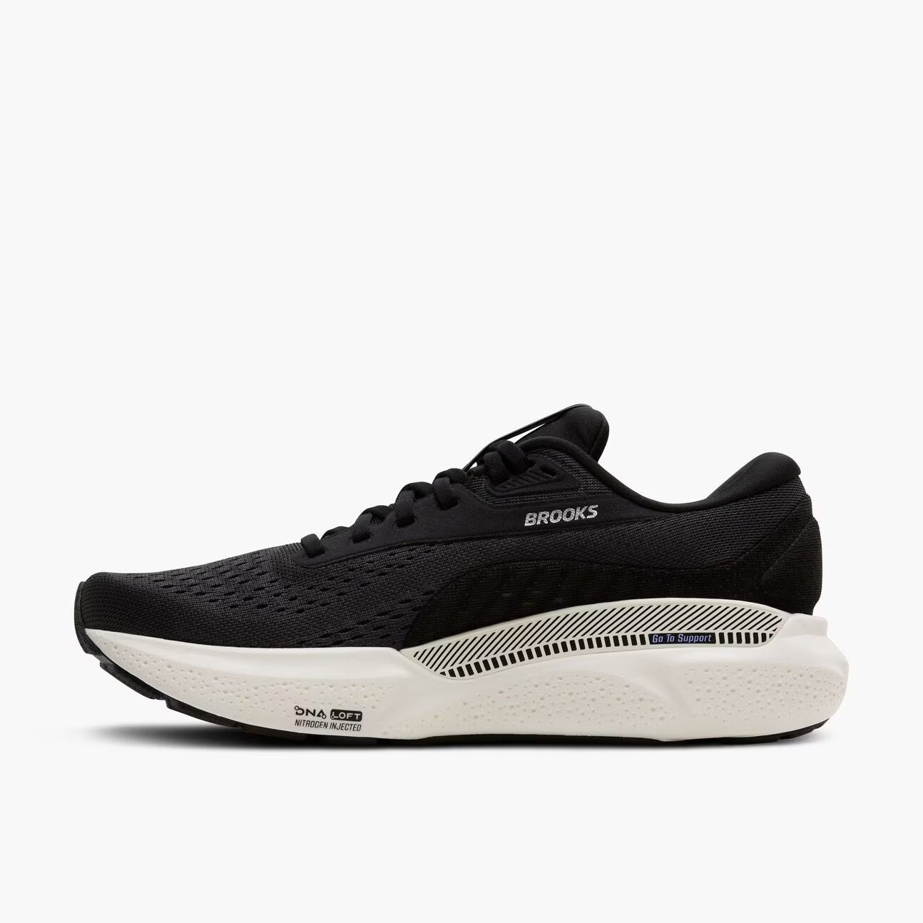 brooks adrenaline gts 24 womens, supportive running shoe, black with purple  details on white sole, inside profile with go to support