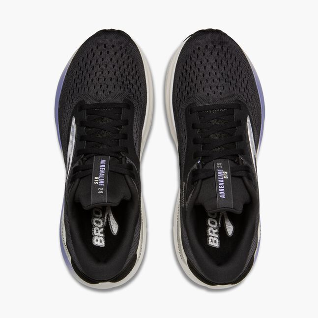 brooks adrenaline gts 24 for women, cushioned supportive running and walking shoe, black colour with silver logo white sole and purple details, overhead view of black running shoes