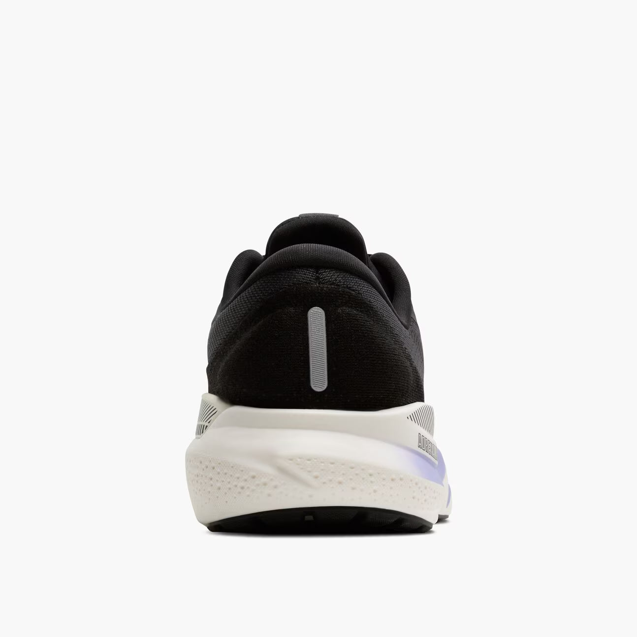 brooks adrenaline gts 24 womens, supportive running shoe, black with purple  details on white sole, back heel