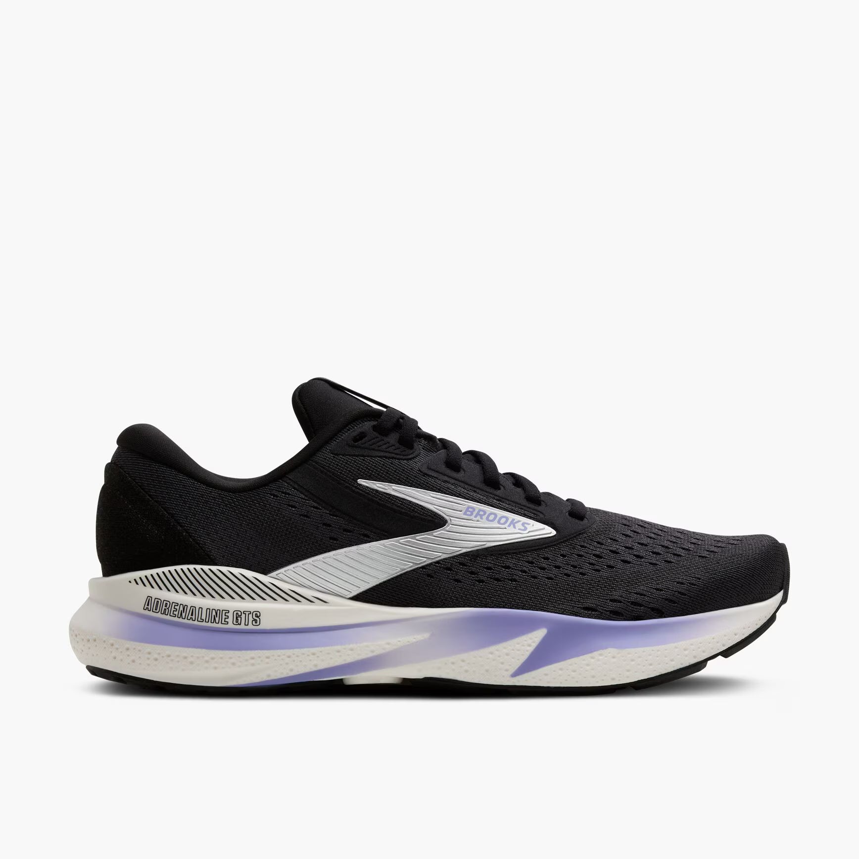 brooks adrenaline gts 24 womens, supportive running shoe, black with purple  details on white sole, profile outside