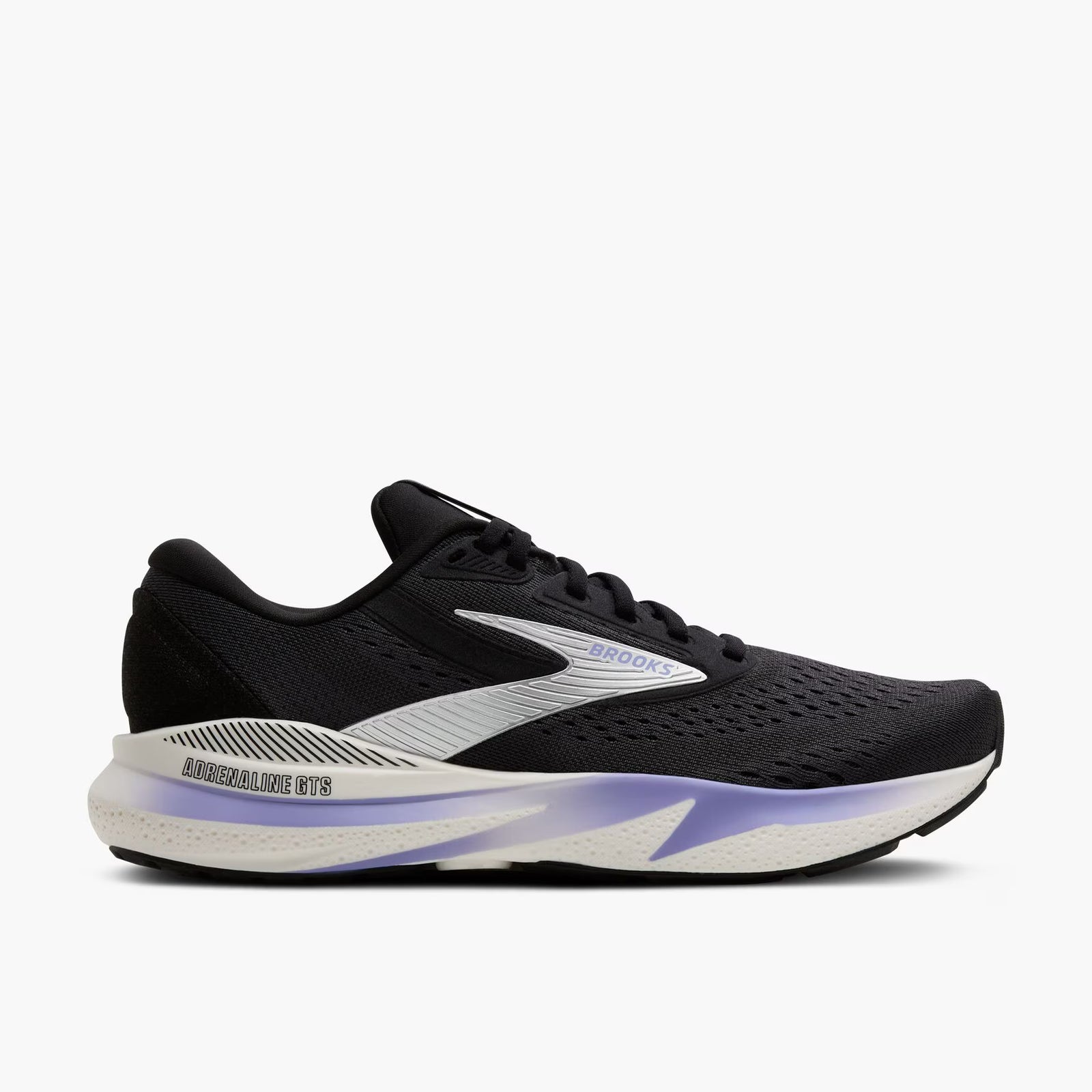 brooks adrenaline gts 24 womens, supportive running shoe, black with purple  details on white sole, profile outside