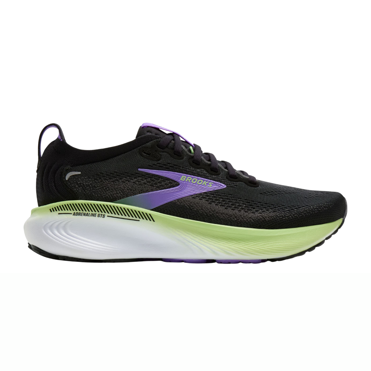 brooks adrenaline gts 25 for women, supportive everyday running and walking shoe with dynamic cushioning, black colour with purple and green details on sole, side profile of shoe on white background