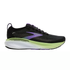 brooks adrenaline gts 25 for women, supportive everyday running and walking shoe with dynamic cushioning, black colour with purple and green details on sole, side profile of shoe on white background