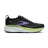 brooks adrenaline gts 25 for women, supportive everyday running and walking shoe with dynamic cushioning, black colour with purple and green details on sole, side profile of shoe on white background