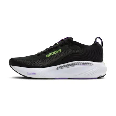 brooks adrenaline gts 25 for women, supportive everyday running and walking shoe with dynamic cushioning, black colour with purple and green details on sole, side profile of shoe on white background