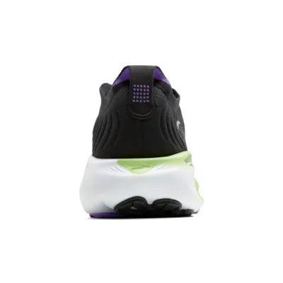 brooks adrenaline gts 25 for women, supportive everyday running and walking shoe with dynamic cushioning, black colour with purple and green details on sole, back profile of shoe on white background