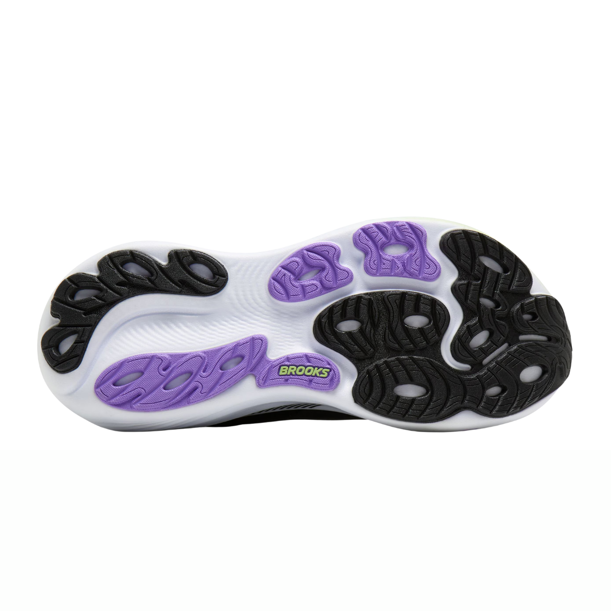 brooks adrenaline gts 25 for women, supportive everyday running and walking shoe with dynamic cushioning, black colour with purple and green details on sole, profile of sole of shoe on white background