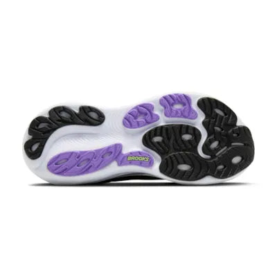 brooks adrenaline gts 25 for women, supportive everyday running and walking shoe with dynamic cushioning, black colour with purple and green details on sole, profile of sole of shoe on white background