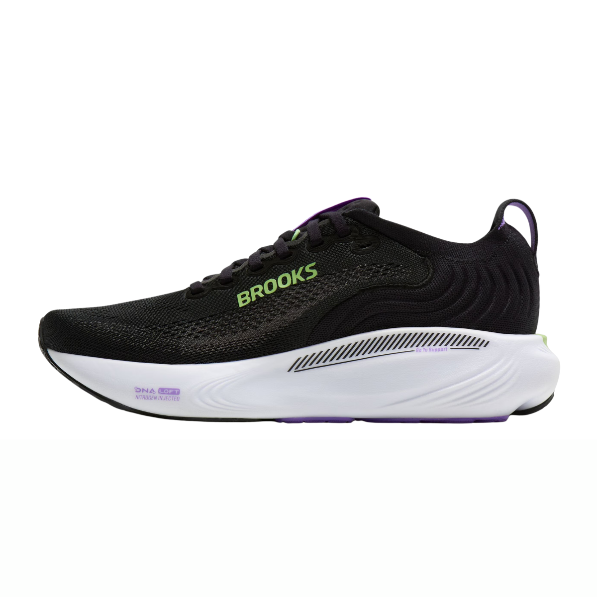 brooks adrenaline gts 25 for women, supportive everyday running and walking shoe with dynamic cushioning, black colour with purple and green details on sole, side profile of shoe on white background