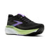 brooks adrenaline gts 25 for women, supportive everyday running and walking shoe with dynamic cushioning, black colour with purple and green details on sole, side profile of shoe on white background