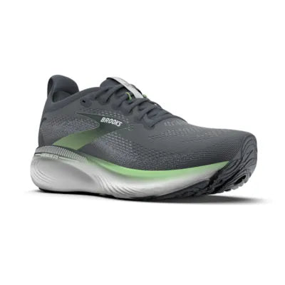 brooks adrenaline gts 25, road running shoe for men with support, grey colour with green details, side profile of shoe