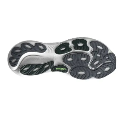 brooks adrenaline gts 25, road running shoe for men with support, grey colour with green details, profile of sole of shoe