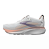 brooks adrenaline gts 25 for women, supportive everyday running and walking shoe with dynamic cushioning, white colour with orange undertone and purple logo, side profile of shoe on white background