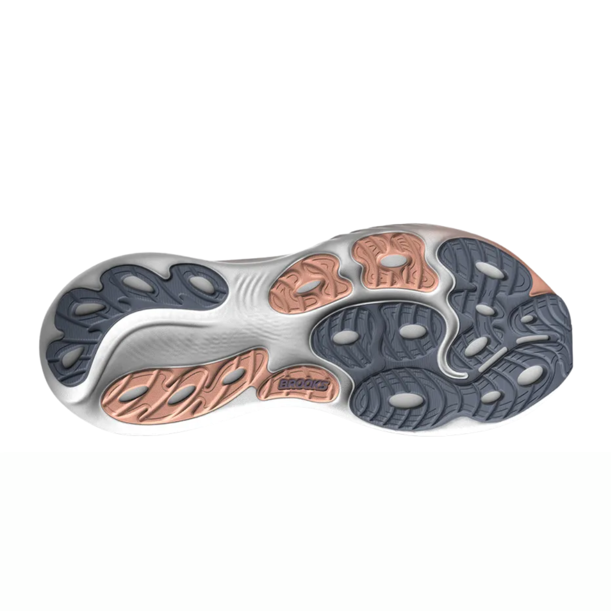 brooks adrenaline gts 25 for women, supportive everyday running and walking shoe with dynamic cushioning, white colour with orange undertone and purple logo, sole of shoe on white background