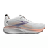 brooks adrenaline gts 25 for women, supportive everyday running and walking shoe with dynamic cushioning, white colour with orange undertone and purple logo, side profile of shoe on white background