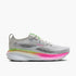 brooks adrenaline gts 25 for women, supportive everyday running and walking shoe with dynamic cushioning, grey colour with pink and green details on sole, side profile of shoe on white background