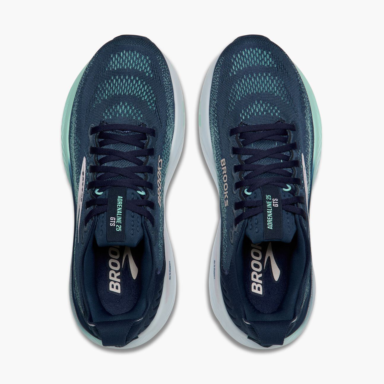 Brooks adrenaline gts 25, road running shoe for women with support, blue colour with pink logo. top view