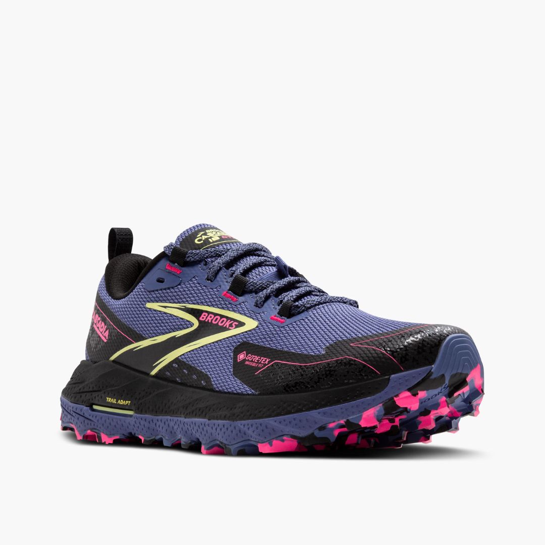 Diagonal view of womens brooks cascadia 18 gore-tex grey blue black pink running trail shoe