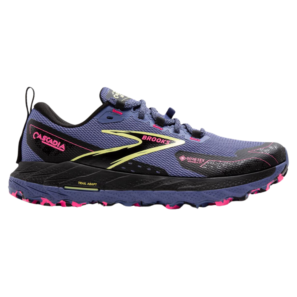 Outside view of womens brooks cascadia 18 gore-tex grey blue black pink running trail shoe