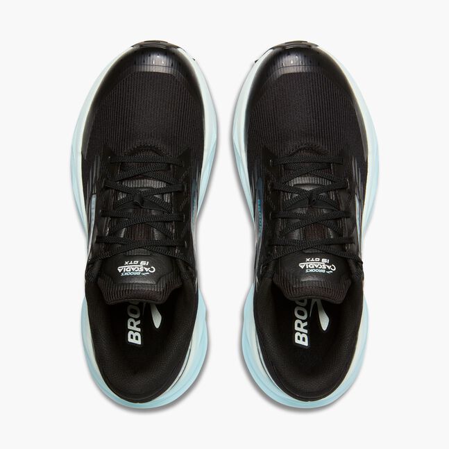 Brooks cascadia 19 GTX, waterproof trail running and walking shoe, black shoe upper with light blue sole, top view of shoe