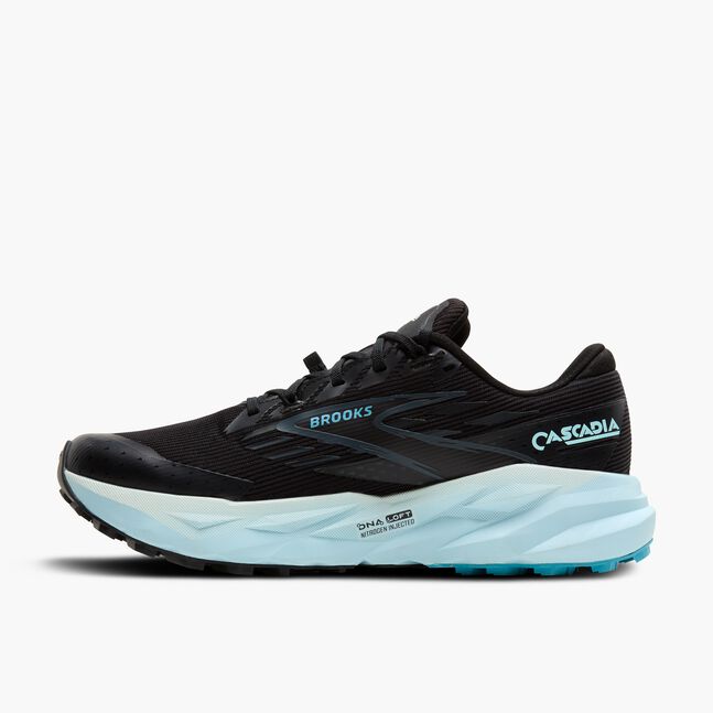 Brooks cascadia 19 GTX, waterproof trail running and walking shoe, black shoe upper with light blue sole, inside profile of shoe