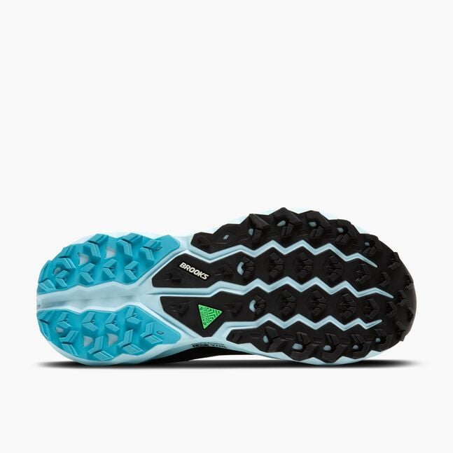 Brooks cascadia 19 GTX, waterproof trail running and walking shoe, black shoe upper with light blue sole, sole of shoe