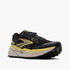brooks cascadia 19 for men, trail running and walking shoe, black with white sole and yellow details, side profile of shoe