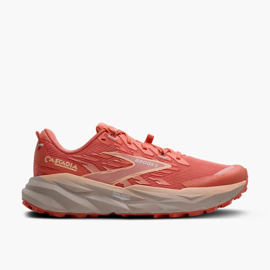 brooks cascadia 19 womens, trail running and walking shoe, salmon pink colour with light grey sole, side profile of shoe