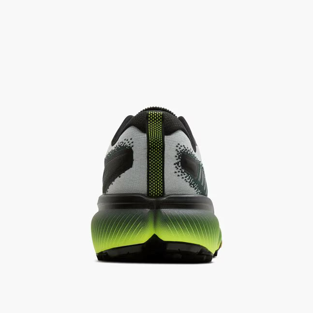 brooks cascadia 20 mens, road to trail gravel running and walking shoe, light grey and black with lime green details, heel of shoe