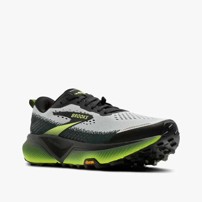 brooks cascadia 20 mens, road to trail gravel running and walking shoe, light grey and black with lime green details, outside angled profile