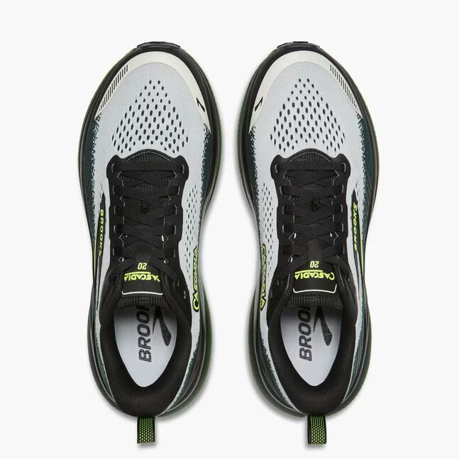 brooks cascadia 20 mens, road to trail gravel running and walking shoe, light grey and black with lime green details, top of shoes