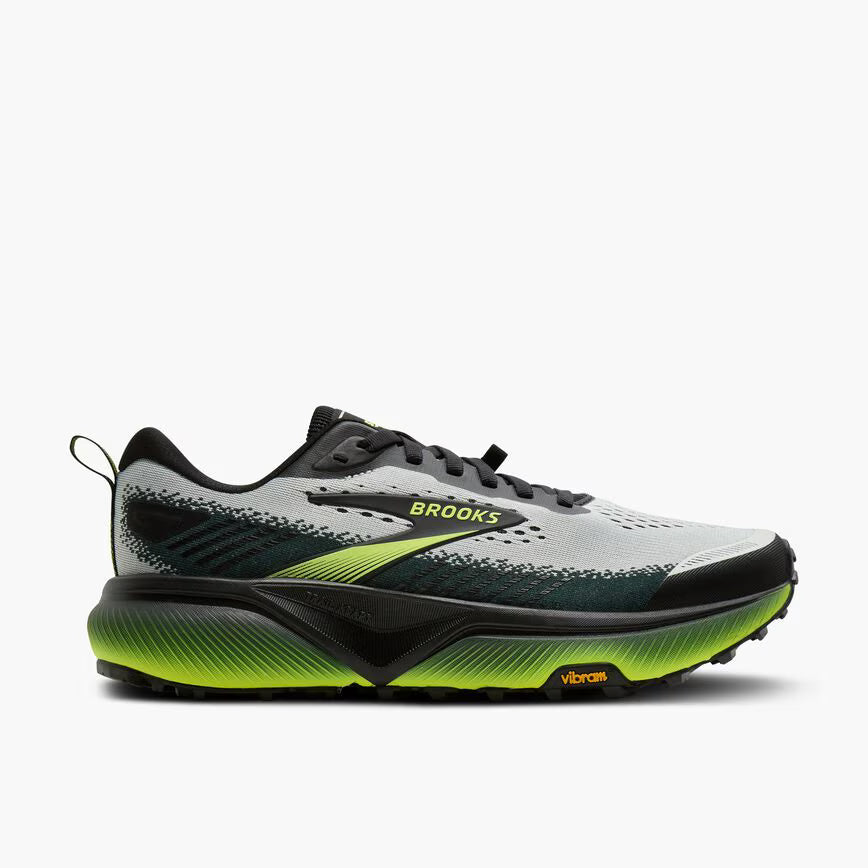 brooks cascadia 20 mens, road to trail gravel running and walking shoe, light grey and black with lime green details, side profile of shoe