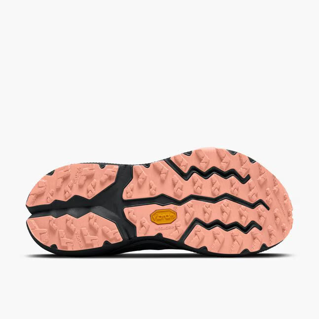 brooks cascadia 20 for women, road to trail gravel running and walking shoe, dark grey and black with peach detail, sole of shoe