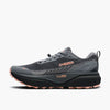 brooks cascadia 20 for women, road to trail gravel running and walking shoe, dark grey and black with peach detail, inside profile of shoe